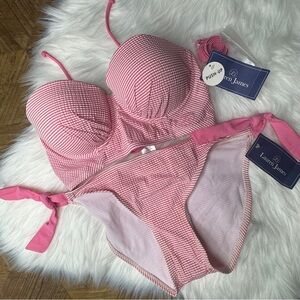 Lauren James pink Lace-Up Bustier Bikini Top in Pink & bottoms set